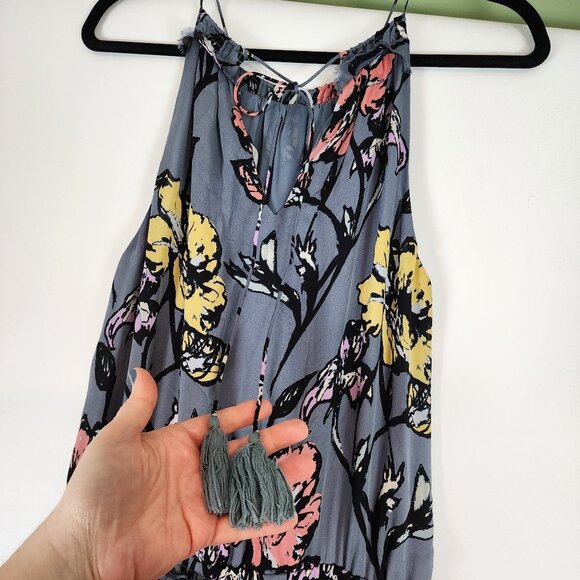 Ramy Brook 100% Silk Blue Floral Midi Dress Halter Tie Tassel Top Designer Dress - Picture 5 of 11